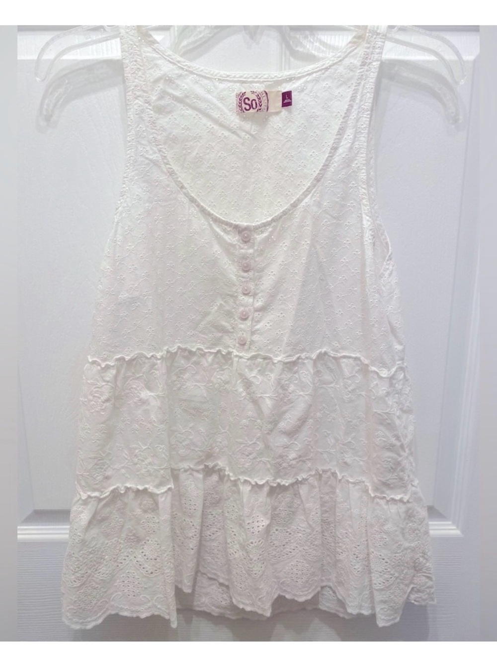 SO White Eyelet Tiered Babydoll Empire waist Tank Top